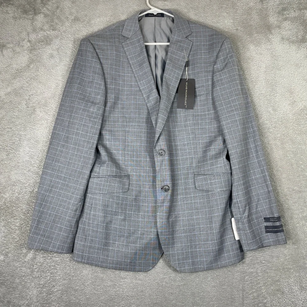 Wilke Rodriguez Suit Jacket Mens 44R Gray‎ Plaid Slim Fit Stretch Notch Lapel